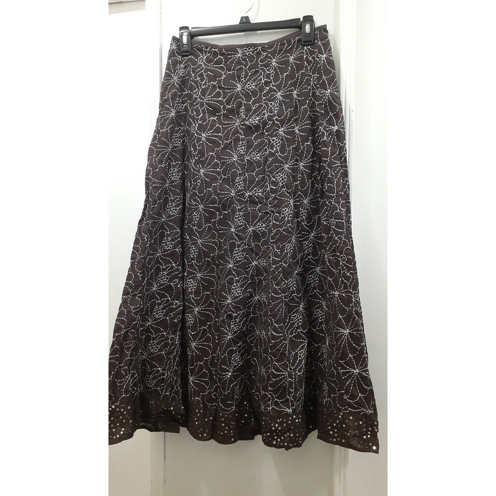 Made in India Maxi Skirt Boho Fairy SZ 4 Brown Embroid Flower Hippie Fairy Cottn